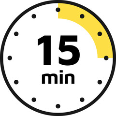 15 minutes timer, clock, stopwatch icons. Countdown timer