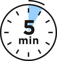 5 minutes timer, clock, stopwatch isolated icons. Countdown timer