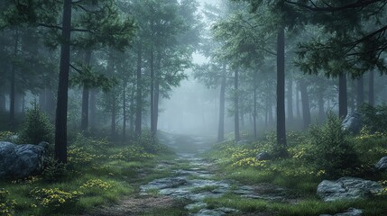 Fototapeta premium Serene forest path shrouded in mist, inviting exploration through lush greenery and towering trees.