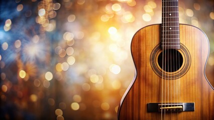 Fototapeta premium Classical guitar close-up with abstract background of musical stringed instruments