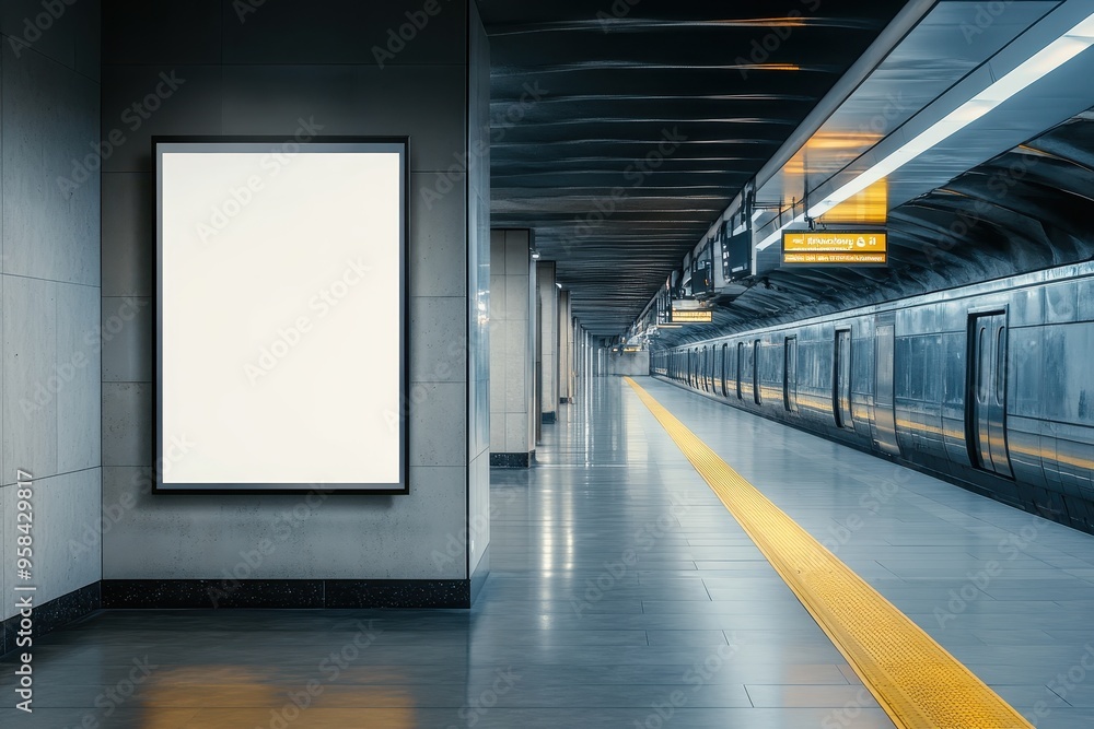 Poster a modern subway station with an empty advertisement space and a clear platform.