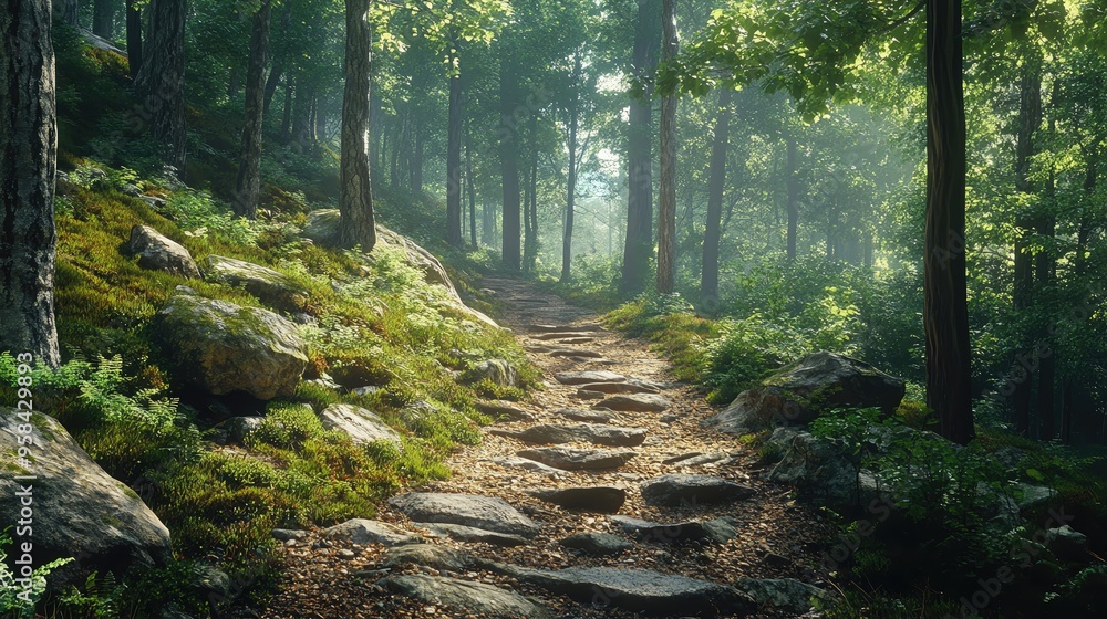 Poster serene forest path surrounded by tall trees and lush greenery, inviting exploration and tranquility 