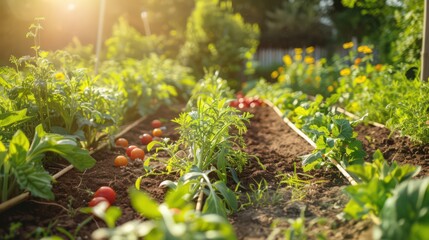 A vibrant vegetable garden with neat rows of fresh herbs, crunchy carrots, and ripe cherry tomatoes