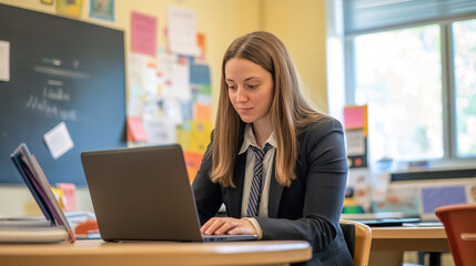 A female teacher, in professional attire, sits at a desk in a bright, well-equipped classroom, using a laptop