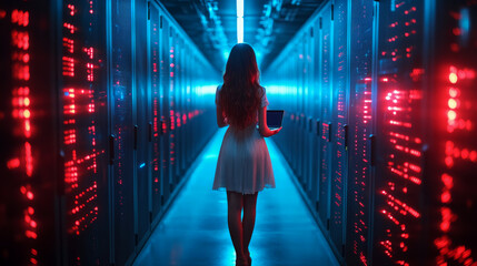 It technician walking in server room corridor holding laptop