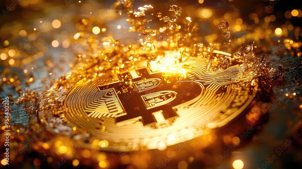 Poster a shimmering bitcoin coin sinks into sparkling water, symbolizing the merging of cryptocurrency and 