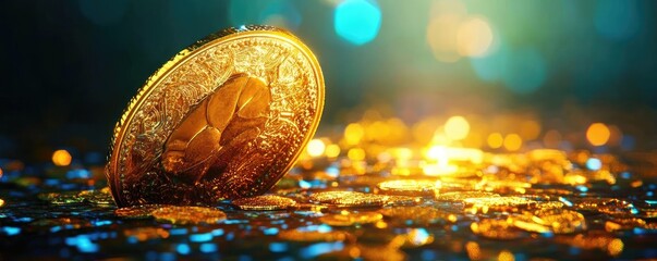 Close-up of a shiny gold coin on a bed of scattered coins, illuminated with soft, colorful light, showcasing luxury and wealth.