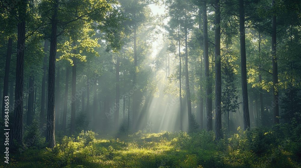 Poster Serene forest scene with sunlight filtering through tall trees, creating a mystical atmosphere in a peaceful natural setting.