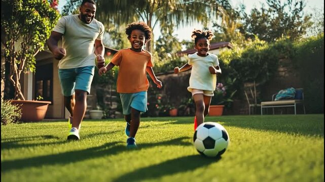 Family playing sports in the backyard, with parents and kids kicking a soccer ball or throwing a frisbee, capturing active play and enjoyment