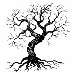 Obraz premium A black and white illustration of a bare, twisted tree with gnarled roots.