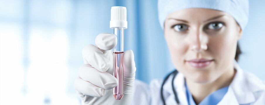 Woman in a white lab coat holding a test tube with a pink liquid in it. Concept of professionalism and scientific expertise