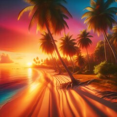 Vibrant Tropical Beach with Palm Trees at Sunset