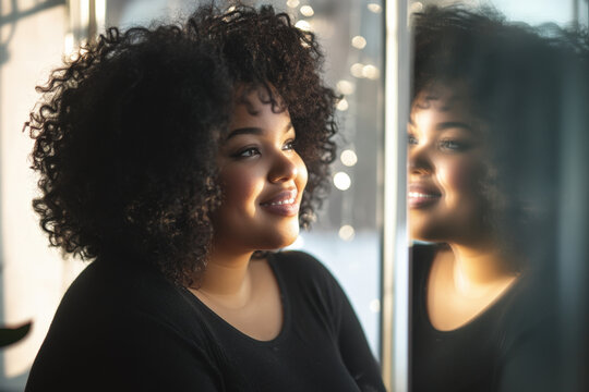 Portrait of a young woman with afro hair smiling and looking through the window