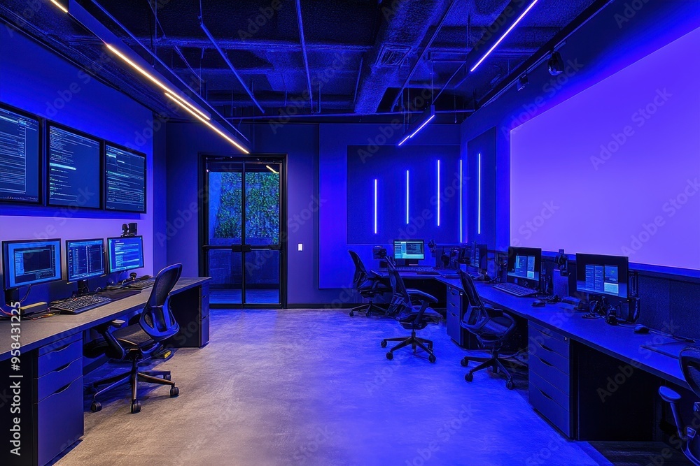 Aufkleber a modern tech workspace featuring multiple computer stations and screens with blue lighting.