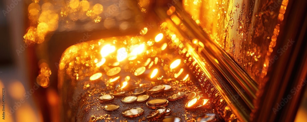 Poster glistening coins reflecting warm light on a surface, creating a vibrant and inviting atmosphere fill