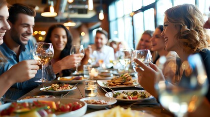A group of friends laughing and having dinner together in a restaurant.