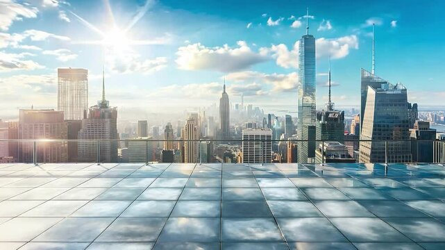 The rooftop in the middle of downtown with railing and view of the modern city skyscrapers upwards	