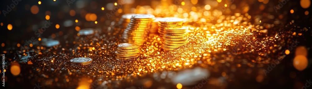 Poster a captivating display of shimmering coins surrounded by sparkling lights, symbolizing wealth and pro