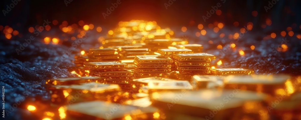 Poster A mesmerizing path of shimmering gold bars illuminated by a warm glow, creating an enchanting treasure scene.