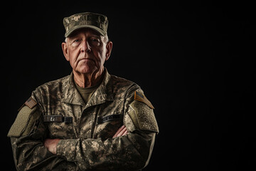 American veteran soldier is posing with folded arms on a black background