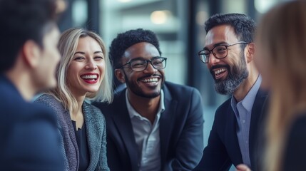 Group of diverse professionals enjoying a lively discussion at a modern office in the afternoon sunlight