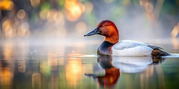 Canvasback duck reflecting on misty forest lake while pecking for food , canvasback duck, misty forest, encounter