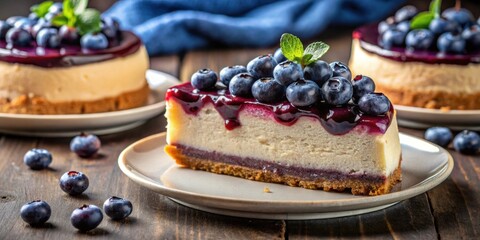 Decadent blueberry cheesecake with graham cracker crust and compote, topped with fresh blueberries, blueberry