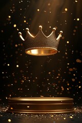 A golden 3D crown floats above a winner's podium, symbolizing victory and success. 