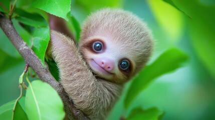 Obraz premium Adorable Sloth Clinging to Tree Branch in Lush Jungle Foliage
