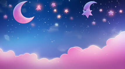 Naklejka premium Surreal Night Sky With Glowing Pink Stars And Hanging Crescent Moons