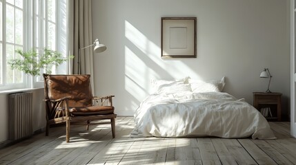 Fototapeta premium Minimalist Bedroom Interior with White Bedding and Leather Chair. generative ai illustration.