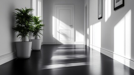 Fototapeta premium Minimalist hallway with potted plants and sunlight. generative ai illustration.