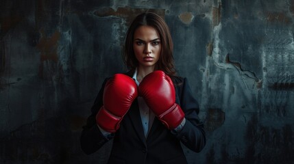 Obraz premium A woman dressed in a formal suit is donning red boxing gloves