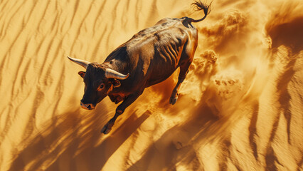 Wild bull running through the desert sand with dynamic motion and strong shadows