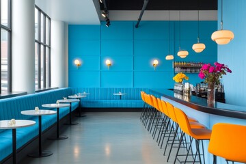 Blue Velvet Sofa Against Blue Wall with Candelabras