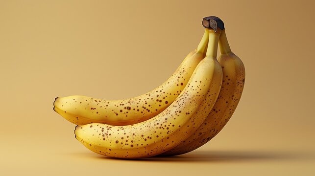 A bunch of three ripe yellow bananas with brown spots, arranged on a light brown background.