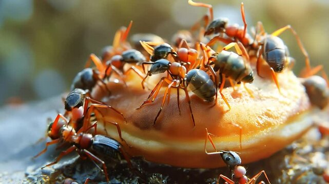 Close up of ants eating sugar on donut, Ants crawling on a delicious donuts	