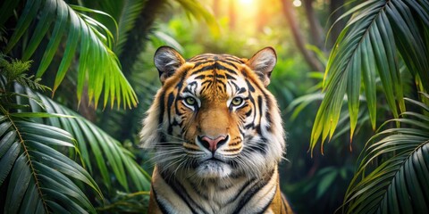 Close-up of a majestic tiger in a lush jungle setting, tiger, jungle, wild, animal, habitat, nature, wildlife, exotic, mammal