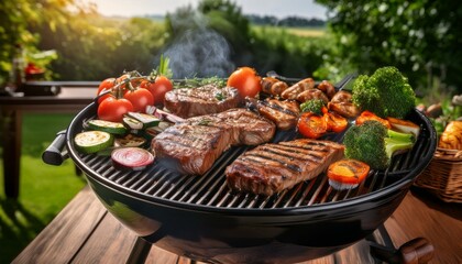 A sizzling summer barbecue scene featuring juicy meats and fresh vegetables