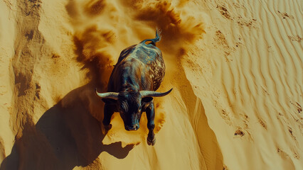 Wild bull running through the desert sand with dynamic motion and strong shadows