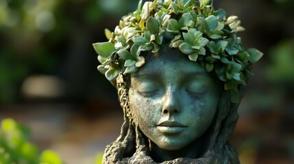 Obraz premium Stone Statue of a Woman with Green Leaves in Her Hair. generative ai illustration.