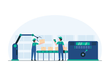 Warehouse Crew Operating Packaging Machine for Efficient Product Handling and Distribution. Automated Packaging, Manufacturing Process, Supply Chain Management. illustration