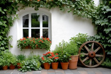 Fototapeta premium Garden with Potted Geraniums in Terracotta Pots and Greenery by Wooden Wheel and Window