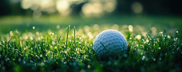 Close-up of a golf ball on dewy grass at sunrise, capturing the tranquility and focus of the sport