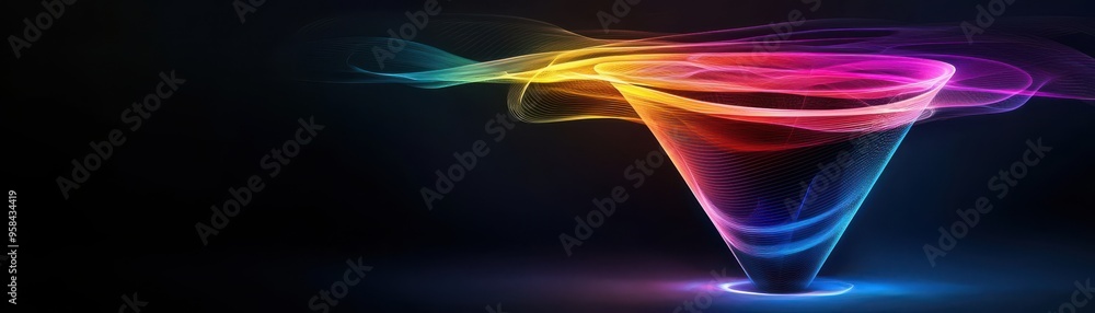 Poster a vibrant swirl of colorful light forming a funnel shape against a dark background, creating a mesme