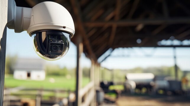 Surveillance camera monitoring a barn with farm animals in the background