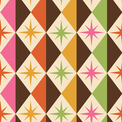 Mid Century Geometric Harlequin diamonds with atomic starbursts seamless pattern in green, orange, pink, mustard yellow with dark brown. For home décor, wallpaper and fabric