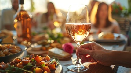 Obraz premium Autumn or fall season. Close up of hands holding wine glasses at dining table with various snacks, small trousers and cheese board on white linen clothed dinner party table in sunny living room.
