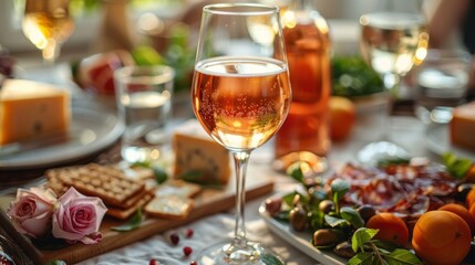 Autumn or fall season. wine glasses at dining table with various snacks, small trousers and cheese board in sunny living room. Glass bottle filled red pink rose, water and beer on the table.