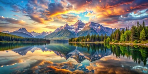 A beautiful painting of a serene landscape with a majestic mountain range and a calm lake reflecting the colorful sky